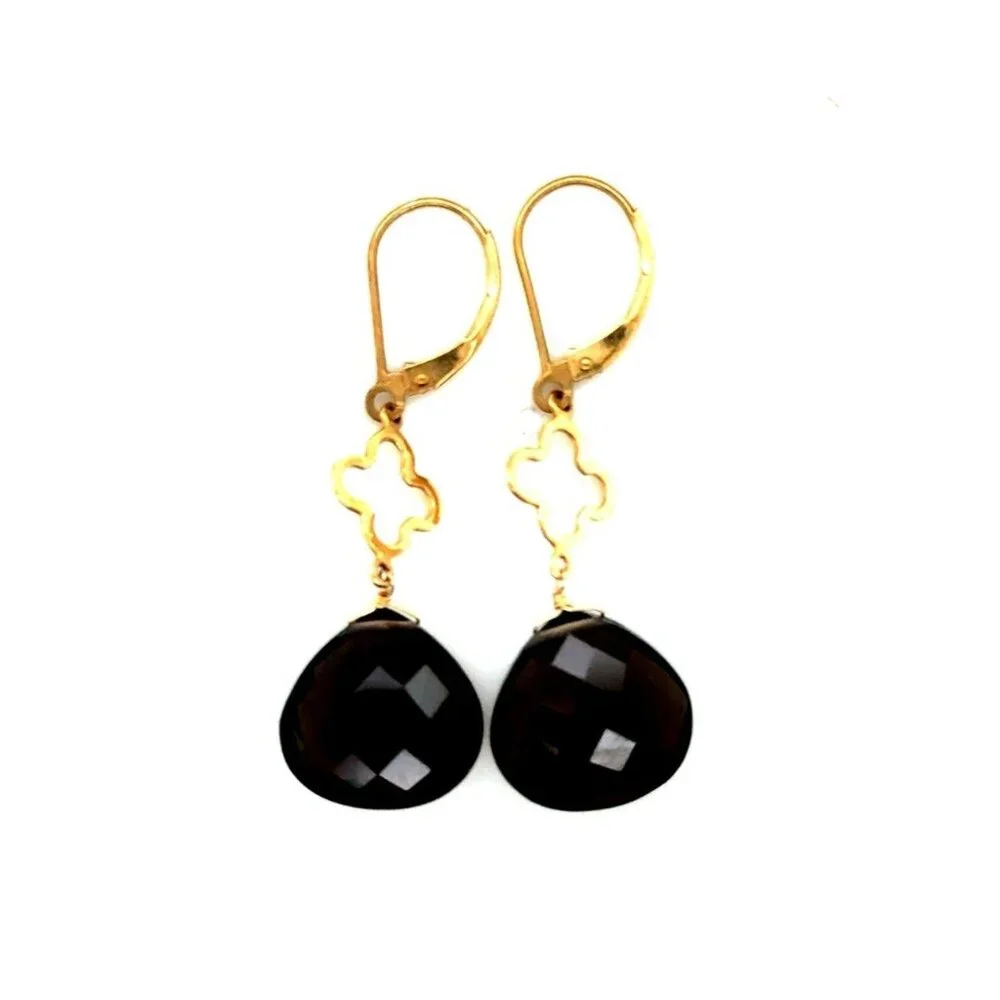 14K‎ Gold Clover Smoky Topaz Dangle Earrings